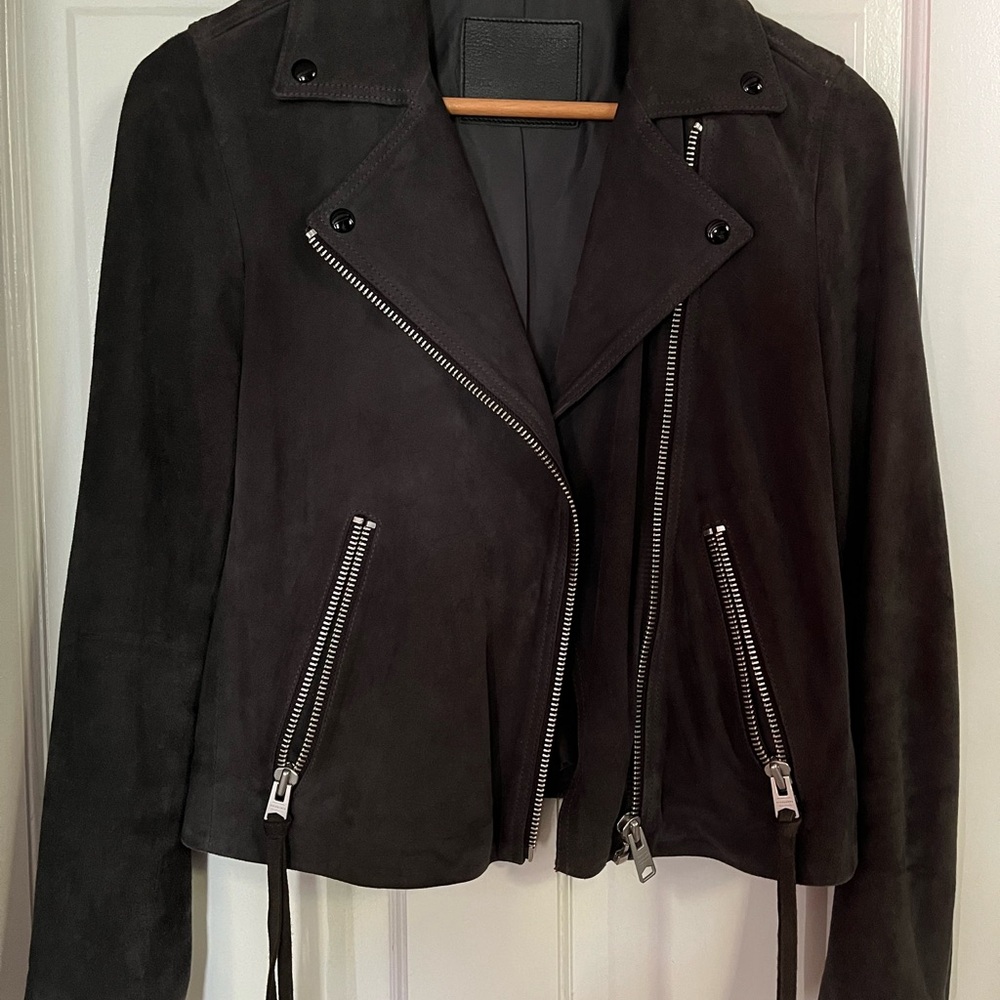 All Saints Dalby Navy Suede Biker Leather Jacket